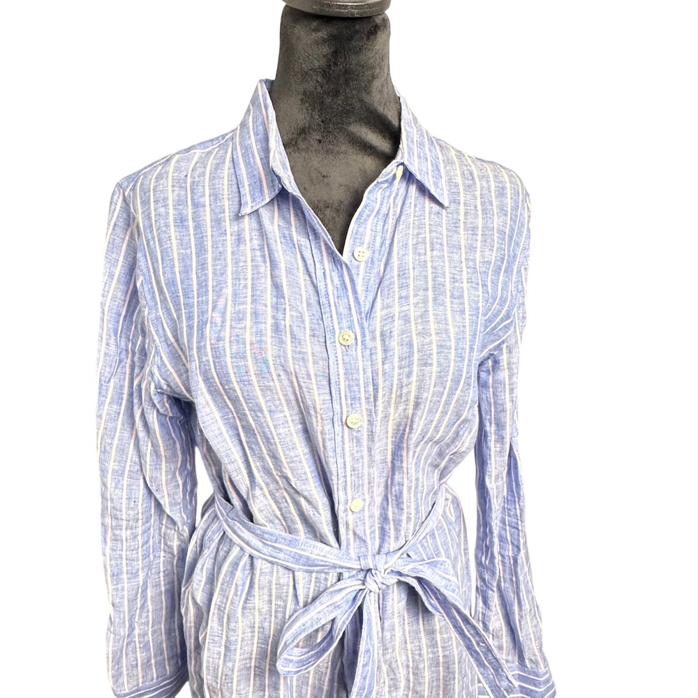 Ann Taylor Linen Striped Shirt Dress Medium Blue White Belted Coastal Preppy - Picture 4 of 11